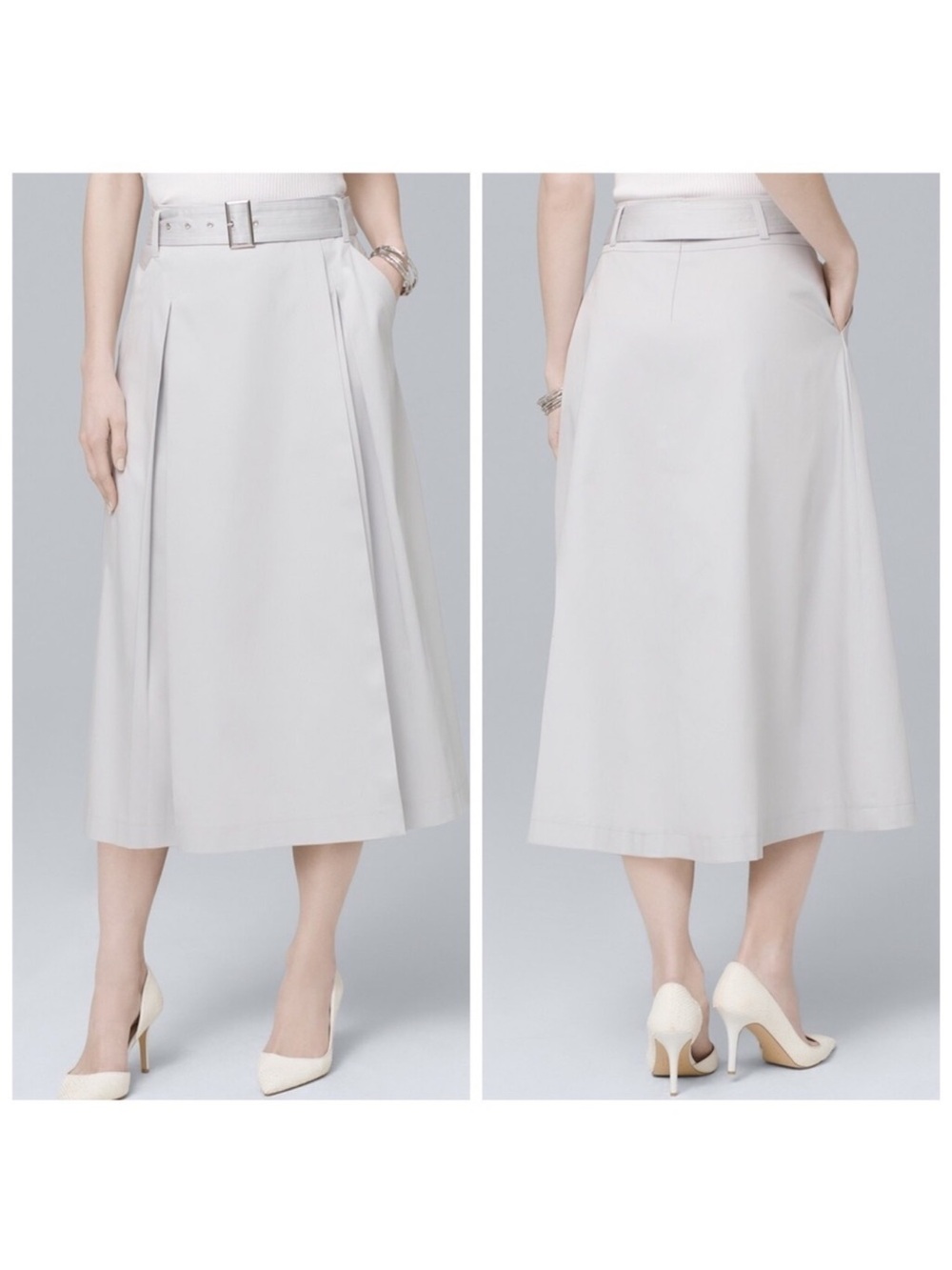 ✅ White House Black Market Gray Pleated Faux-Wrap Midi Skirt belted size 2